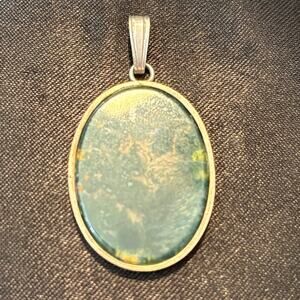Vintage Sterling Silver Moss Agate Oval Pendant / Pendant Only